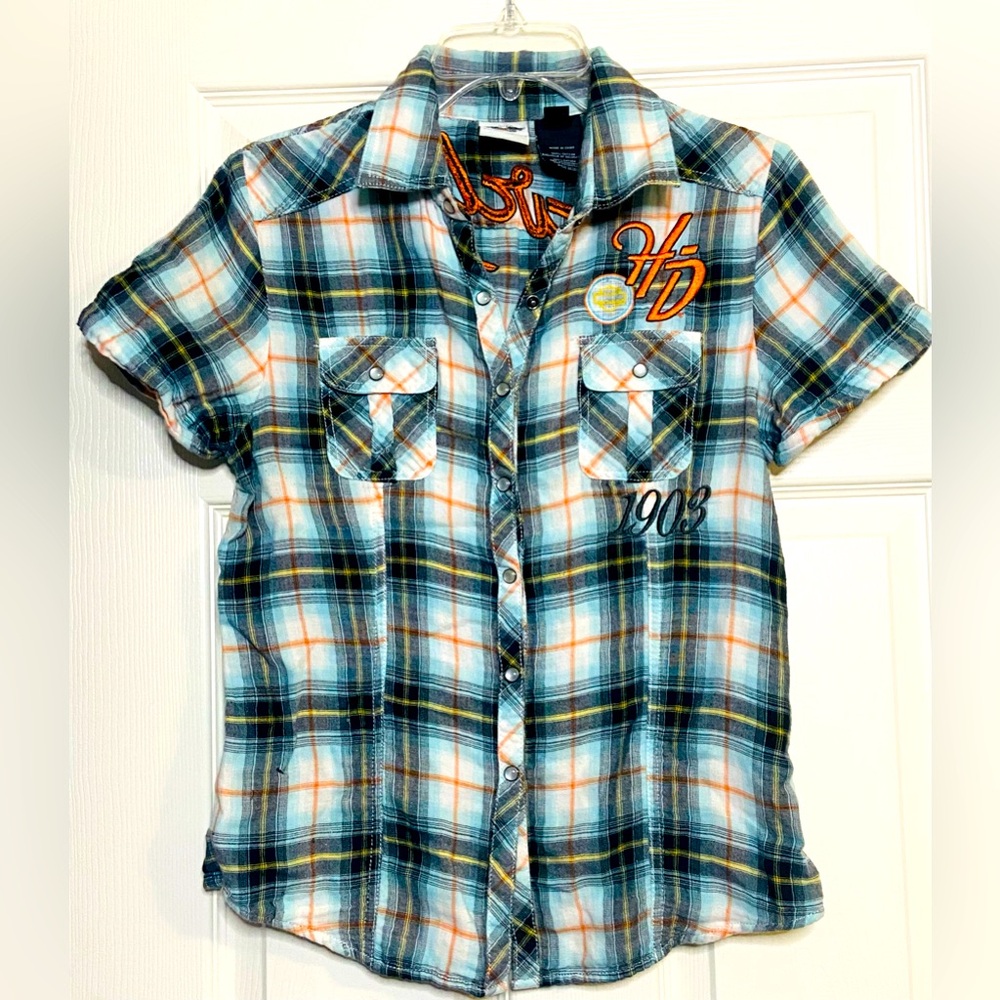 Harley Davidson Shirt Plaid Women's Snap Front Top W Embroidery & Roll Cuff Sz M